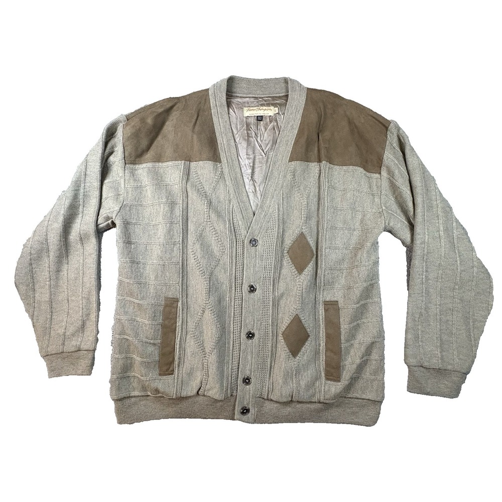 VTG 90s Norm Thompson Men's XL Tan Wool Blend Cardigan Sweater Suede Trim Canada